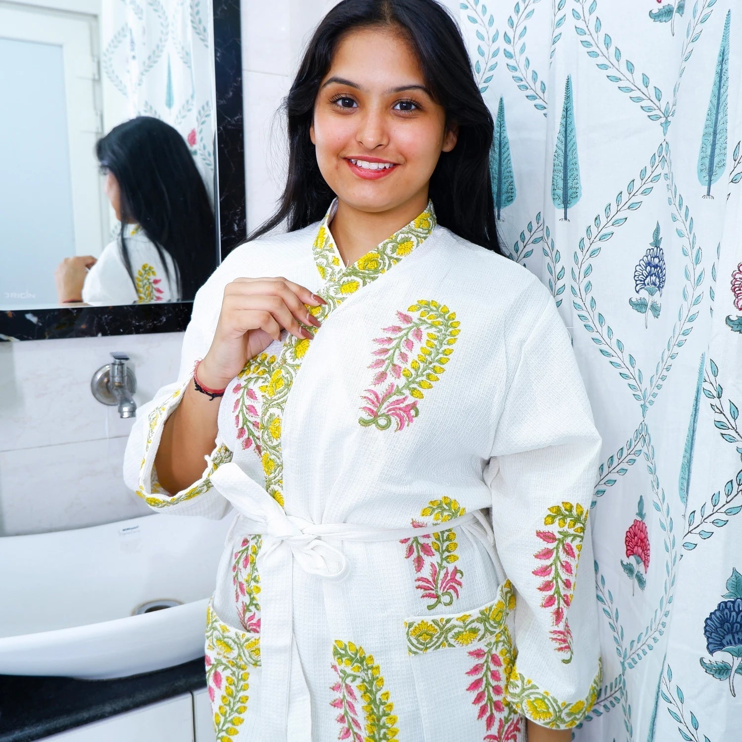 Cotton Hand block Bathrobe - Phulwari - Tarvik