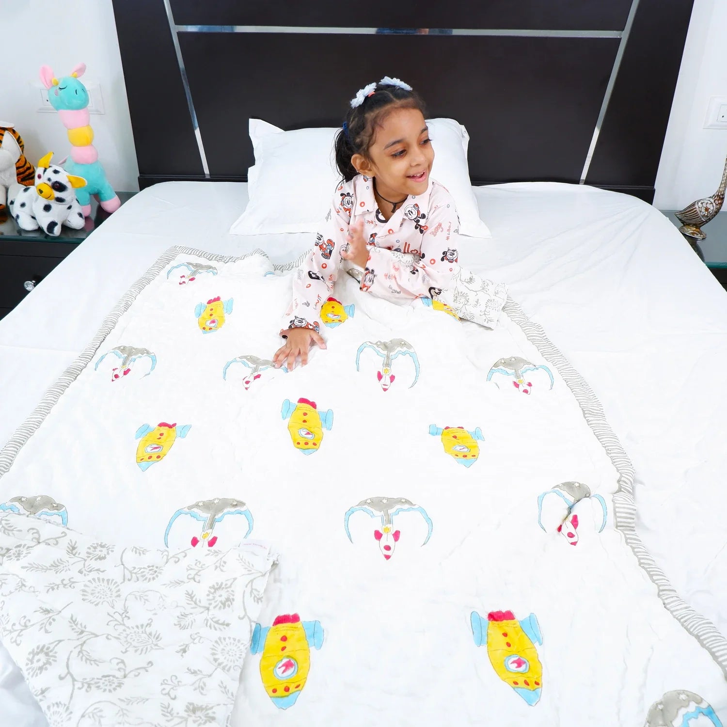 Hand Block Printed Kid's Cotton Quilt - Space - Housi