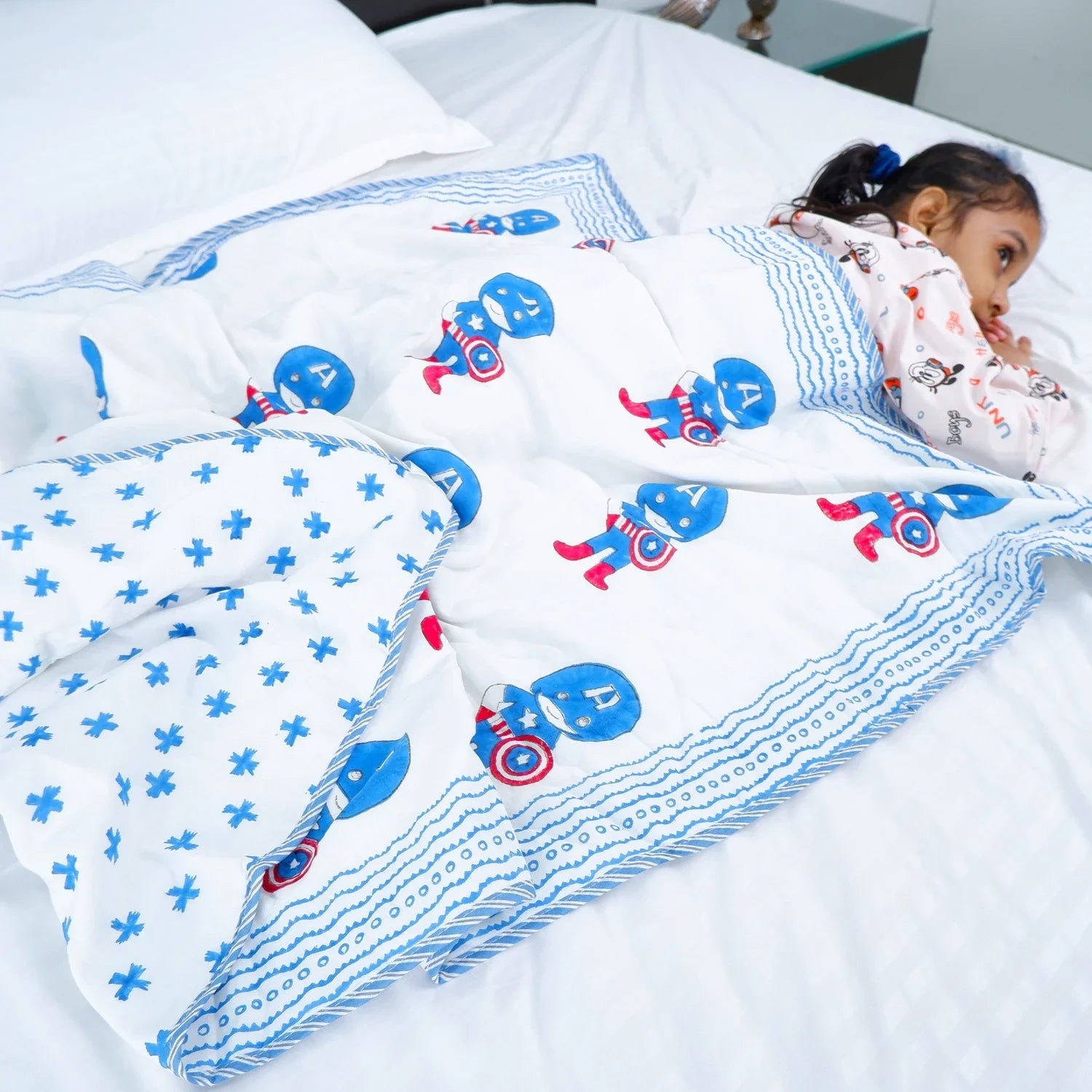 Single Bed Captain America Handblock Printed Children Bed Dohar - Housi