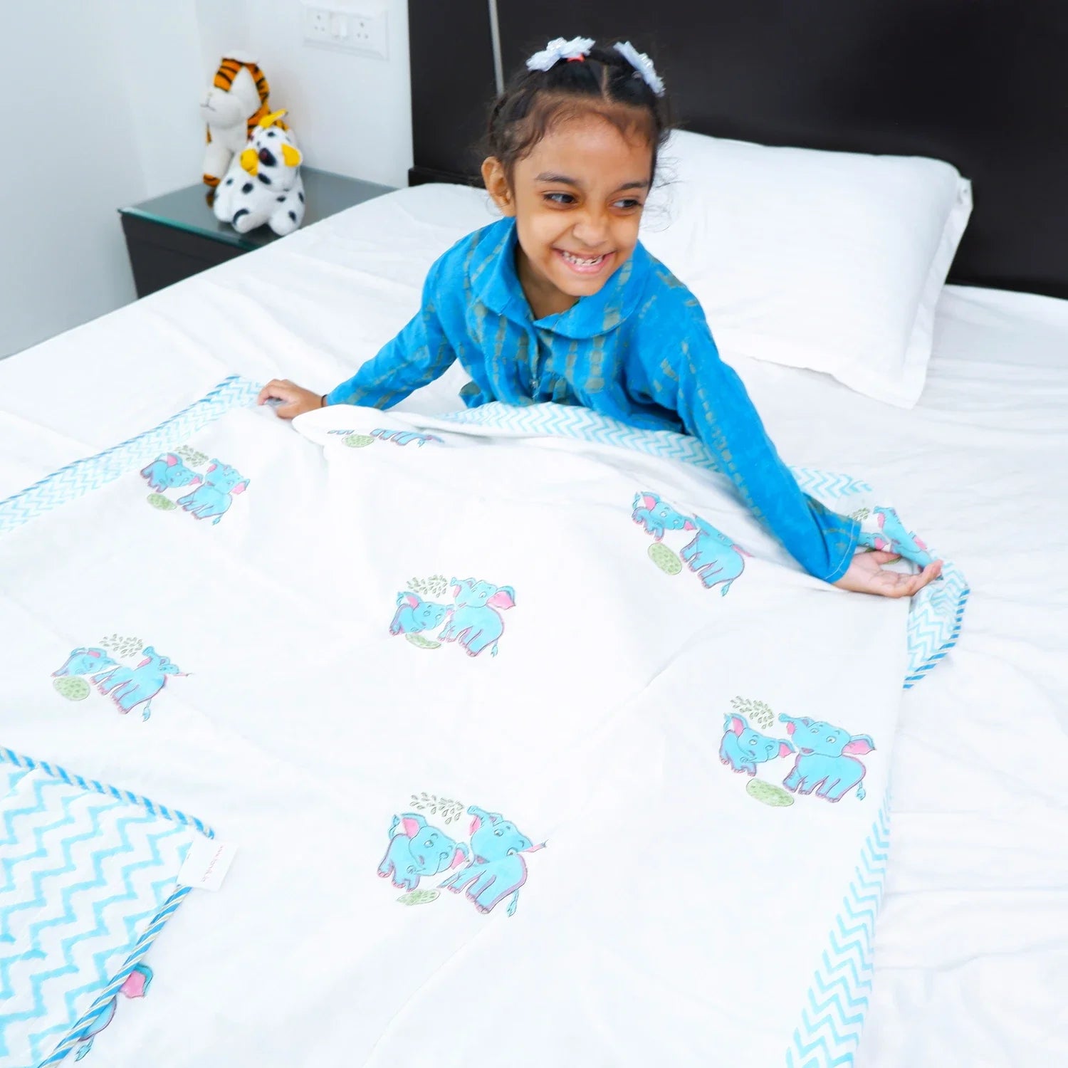 Single Bed Cute elephant Hand block Printed Children Bed Dohar - Housi