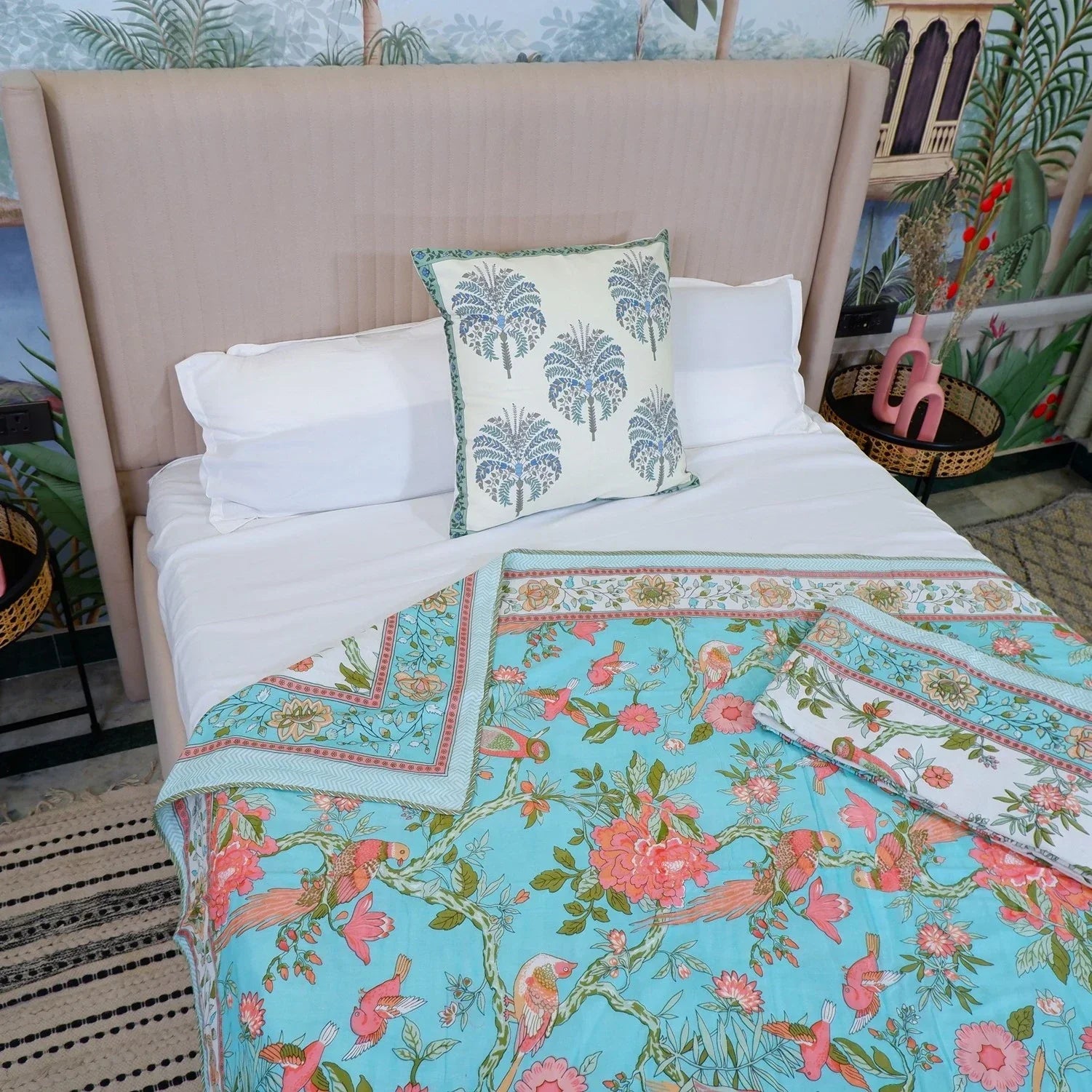 Luxurious handcrafted bedding by Jaipur artisans featuring vibrant floral patterns and soft cotton textures
