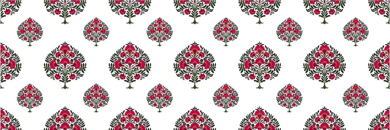 Intricate pattern of Hhandcrafted bed sheets Jaipur featuring vibrant floral designs in red and green